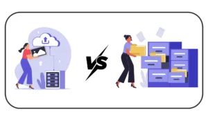 Cloud Storage vs Physical Storage comparison infographic showing key differences in security, cost, scalability, and accessibility.
