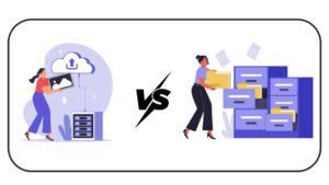 Cloud Storage vs Physical Storage comparison infographic showing key differences in security, cost, scalability, and accessibility.