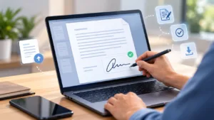Person signing a contract on a laptop with a secure signing tool open on screen