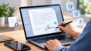 Person signing a contract on a laptop with a secure signing tool open on screen